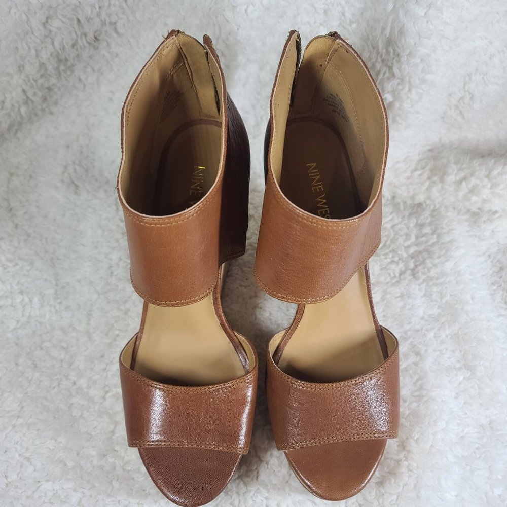 Nine West Caswell Light Brown Leather Wedge Platform Cork Shoes Size 6.5 w/ Zip